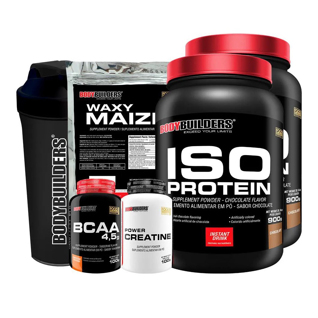 Kit 2x Iso Protein 900g + Bcaa 100g + Power Creatina 100g + Waxy Maize 800g + Coqueteleira - Sabor Chocolate Bodybuilders
