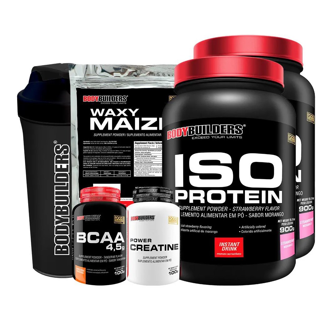 Kit 2x Iso Protein 900g + Bcaa 100g + Power Creatina 100g + Waxy Maize 800g + Coqueteleira - Sabor Morango Bodybuilders