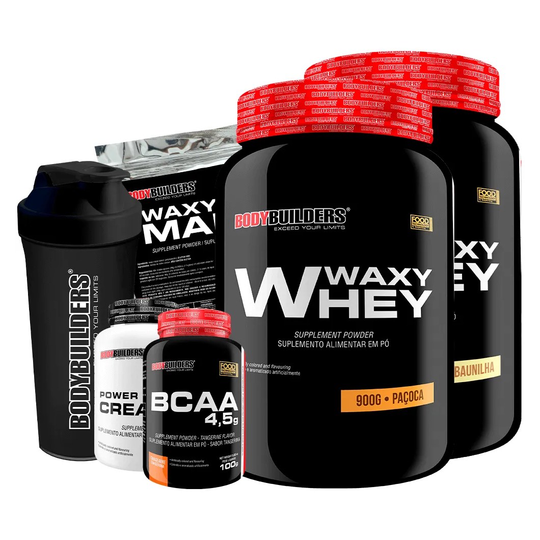 Kit 2x Waxy Whey 900g + Bcaa 100g + Power Creatine 100g + Waxy Maize 800g + Coq – Bodybuilders Baunilha e Paçoca