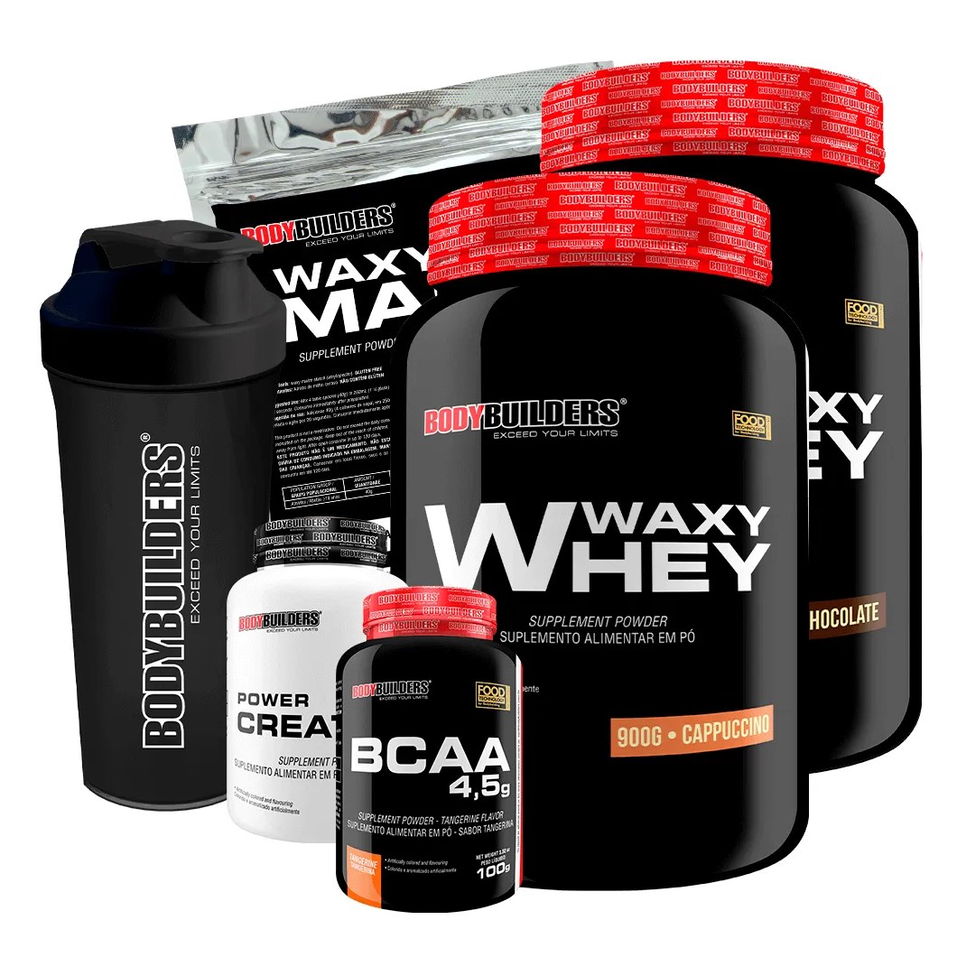 Kit 2x Waxy Whey 900g + Bcaa 100g + Power Creatine 100g + Waxy Maize 800g + Coq – Bodybuilders Chocolate e Cappuccino