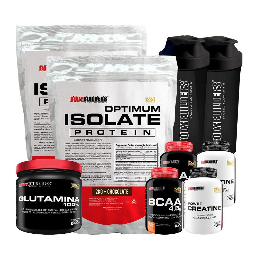 Kit 2x Optimum Isolate Protein 2kg + 2x Bcaa100g+ 2x Creatina100g + Glutamina 500g + 2x Coqueteleira Sabor Chocolate - Bodybuilders