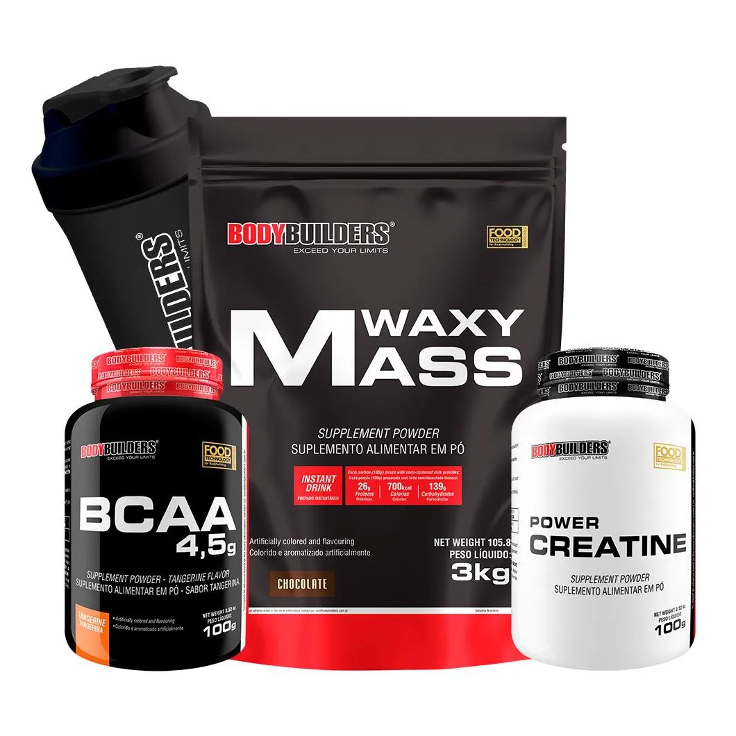 Kit Hipercalórico Waxy Mass 3kg + Bcaa 4,5 100g + Power Creatina 100g + Coqueteleira Sabor Chocolate – Bodybuilders