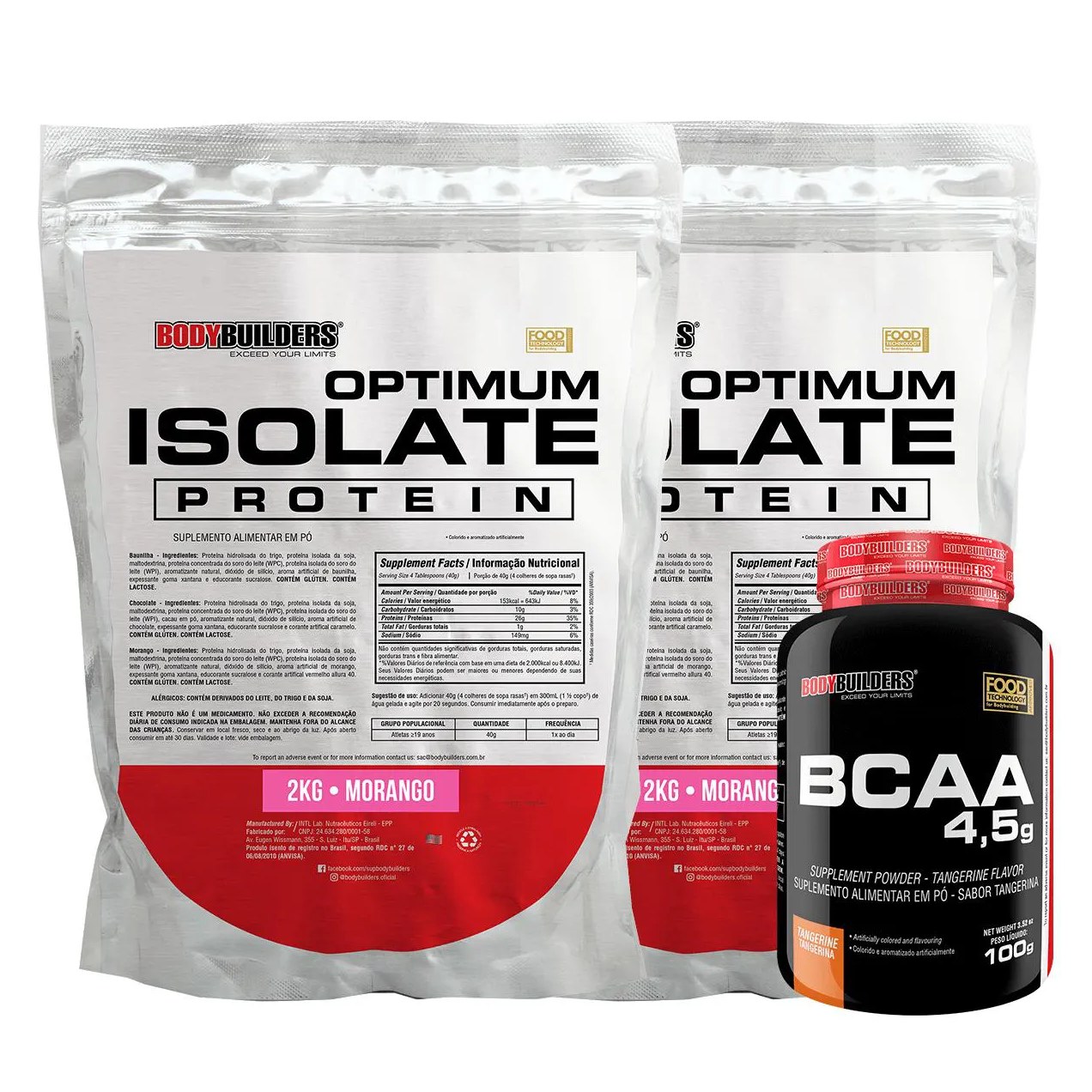 Kit 2x Optimum Isolate Whey Protein 2kg + Bcaa 100g Sabor Morango - Bodybuilders