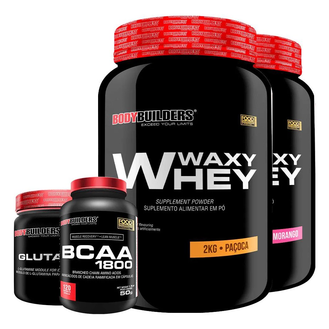 Kit 2x Whey Protein Waxy Whey 2kg + Glutamina 300g + Bcaa 1800 120 cápsulas - Bodybuilders Morango e Paçoca
