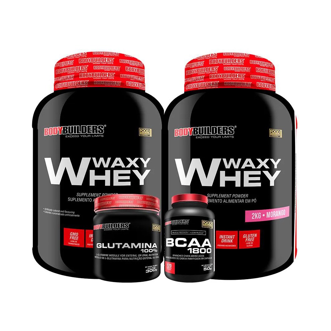 Kit 2x Whey Protein Waxy Whey 2kg + Glutamina 300g + Bcaa 1800 120 cápsulas - Bodybuilders Morango