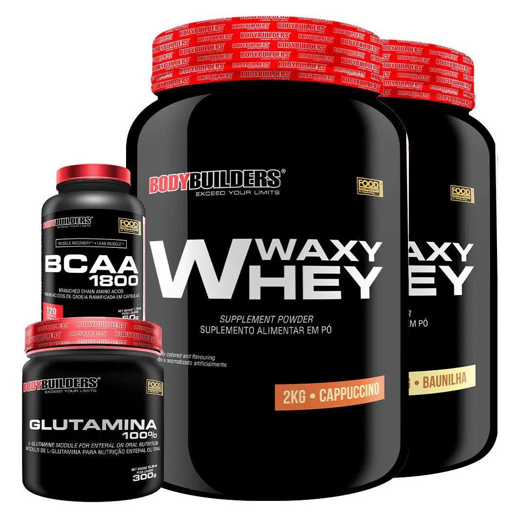 Kit 2x Whey Protein Waxy Whey 2kg + Glutamina 300g + Bcaa 1800 120 cápsulas - Bodybuilders Baunilha e Cappuccino