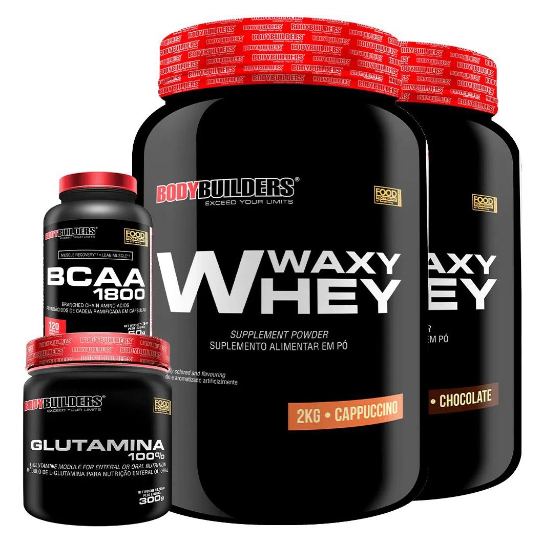 Kit 2x Whey Protein Waxy Whey 2kg + Glutamina 300g + Bcaa 1800 120 cápsulas - Bodybuilders Chocolate e Cappuccino