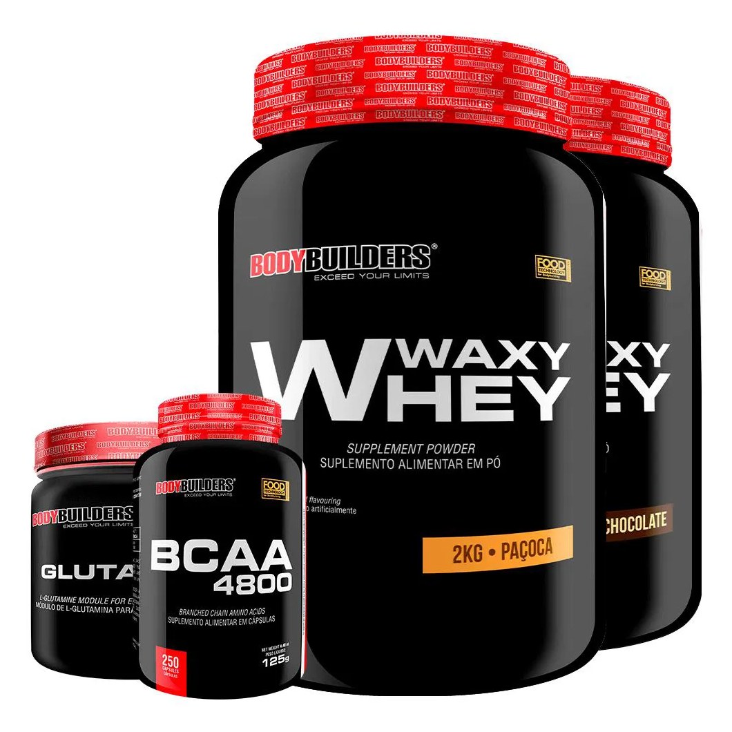 Kit 2x Whey Protein Waxy Whey 2kg + Glutamina 500g + Bcaa 4800 250 cápsulas - Bodybuilders Chocolate e Paçoca