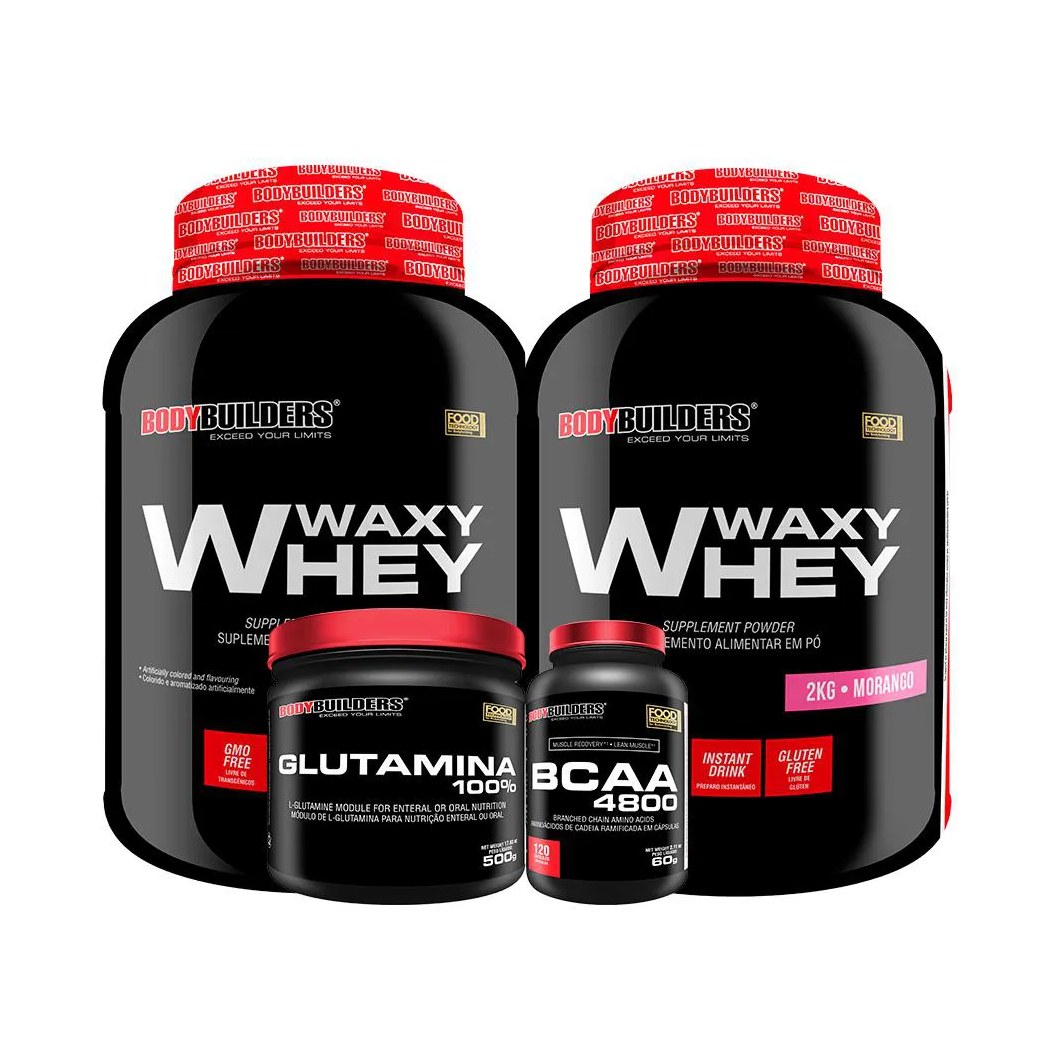 Kit 2x Whey Protein Waxy Whey 2kg + Glutamina 500g + Bcaa 4800 120 cápsulas - Bodybuilders Cappuccino e Chocolate
