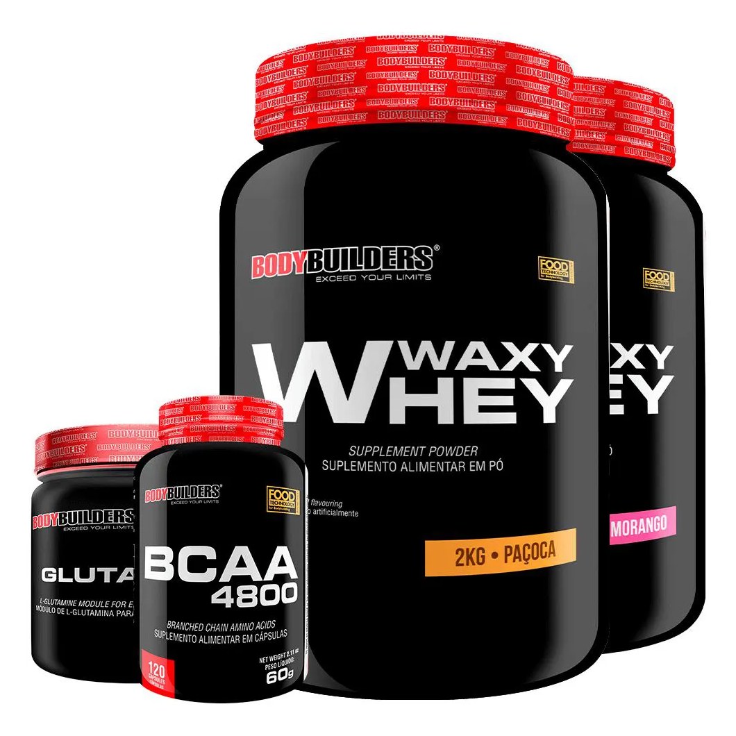 Kit 2x Whey Protein Waxy Whey 2kg + Glutamina 300g + Bcaa 4800 120 cápsulas - Bodybuilders Morango e Paçoca