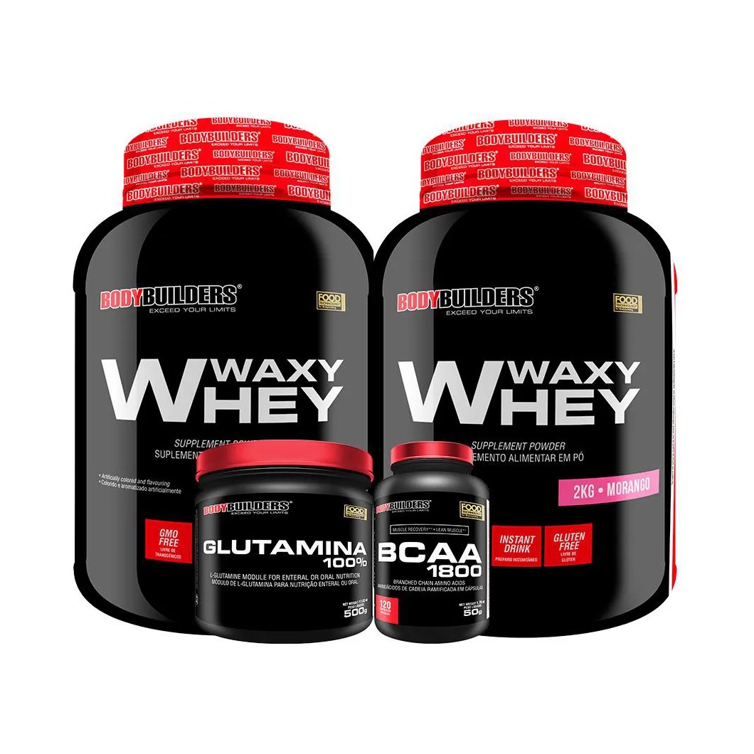 Kit 2x Whey Protein Waxy Whey 2kg + Glutamina 500g + Bcaa 1800 120 cápsulas - Bodybuilders Morango