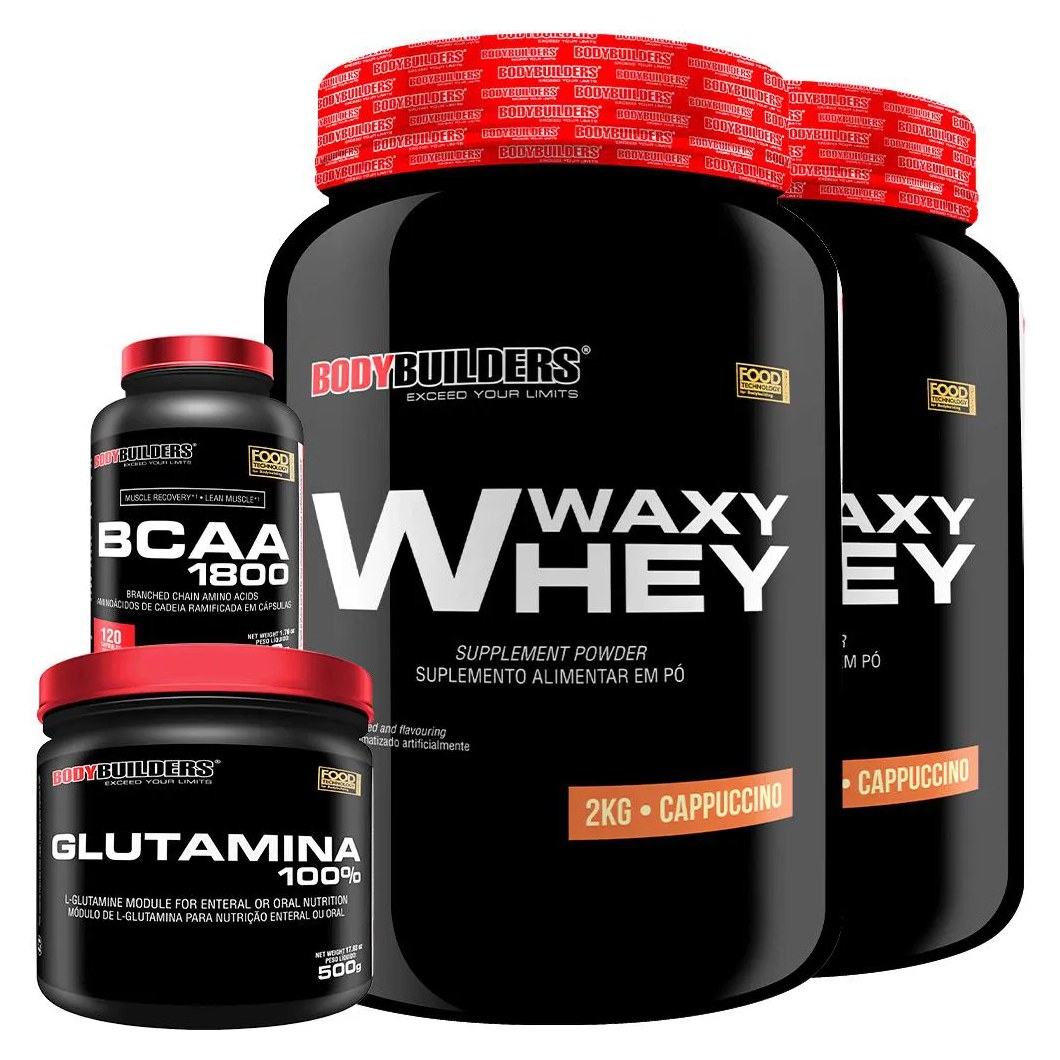 Kit 2x Whey Protein Waxy Whey 2kg + Glutamina 500g + Bcaa 1800 120 cápsulas - Bodybuilders Cappucino