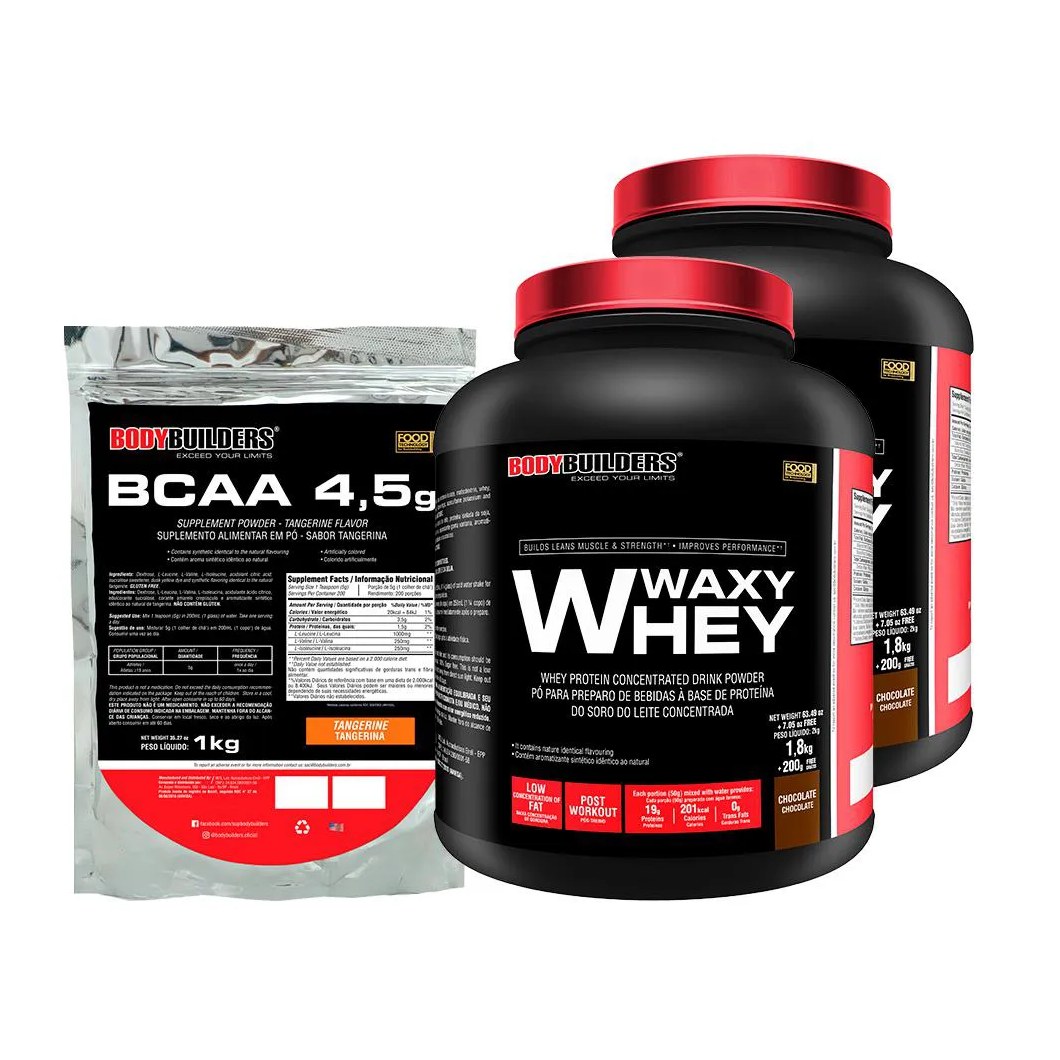 Kit 2x Waxy Whey 2kg + Bcaa 1kg Tangerina - Bodybuilders Chocolate