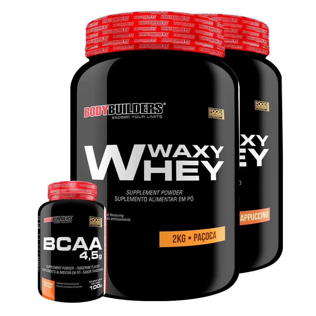Kit 2x Waxy Whey 2kg + Bcaa 1kg Tangerina - Bodybuilders Cappuccino e Paçoca