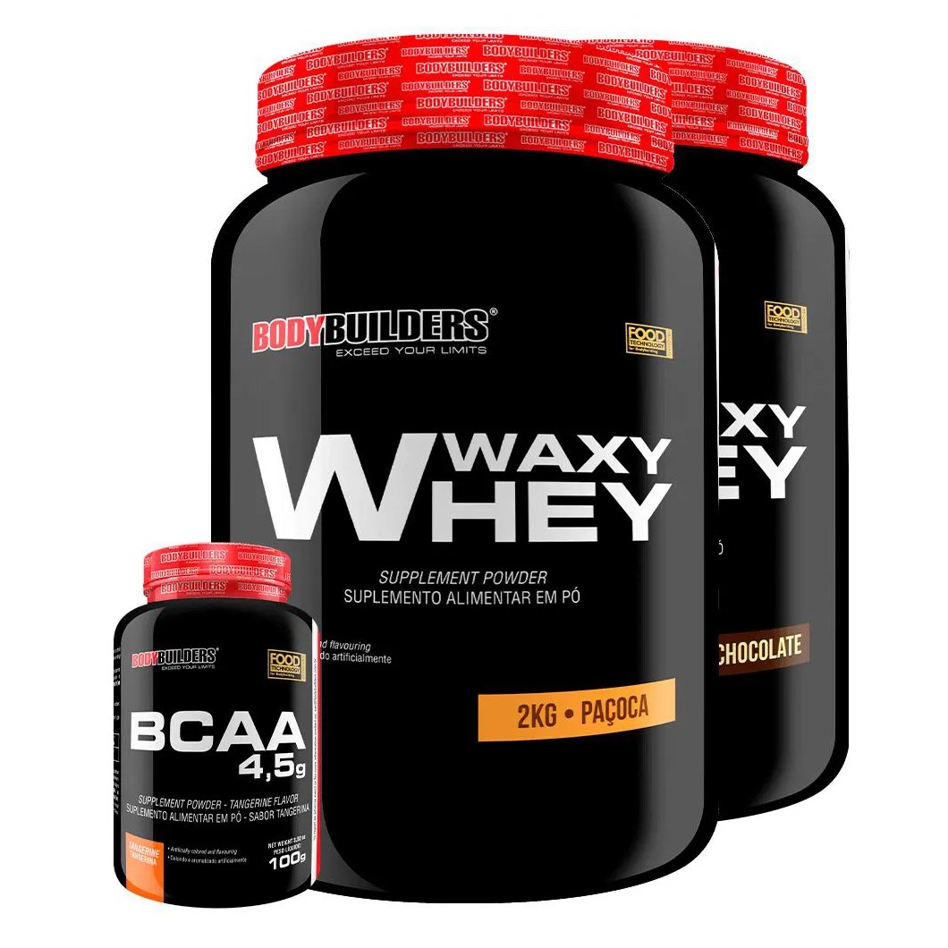Kit 2x Waxy Whey 2kg + Bcaa 1kg Tangerina - Bodybuilders Chocolate e Paçoca