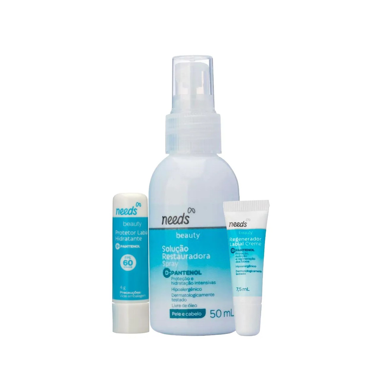 Kit Needs Beauty Spray Restaurador D-Pantenol Pele e Cabelo 50ml + Protetor Labial Hidratante FPS 60 Beauty D-Pantenol 4g + Regenerador Labial Hidratante Beauty D-Pantenol 7,5ml