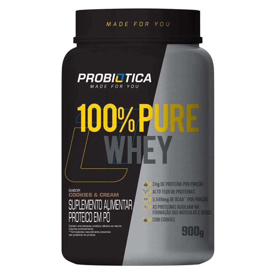 100% PURE WHEY CONCENTRADO 900G SABOR COOKIES CREAM PROBIóTICA