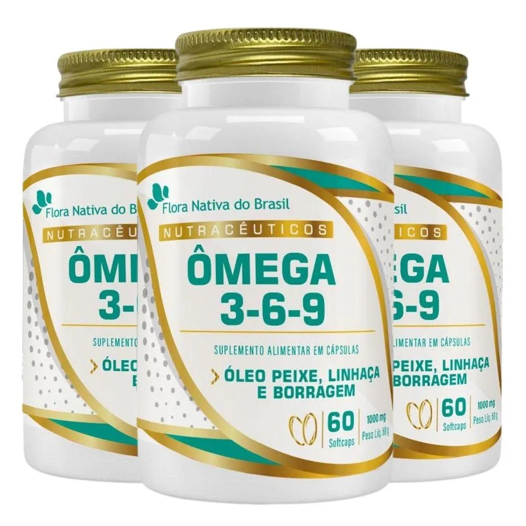 Kit 3x Ômega 3,6,9 (óleo de Peixe, Linhaça e Borragem) 60 cápsulas - Flora Nativa