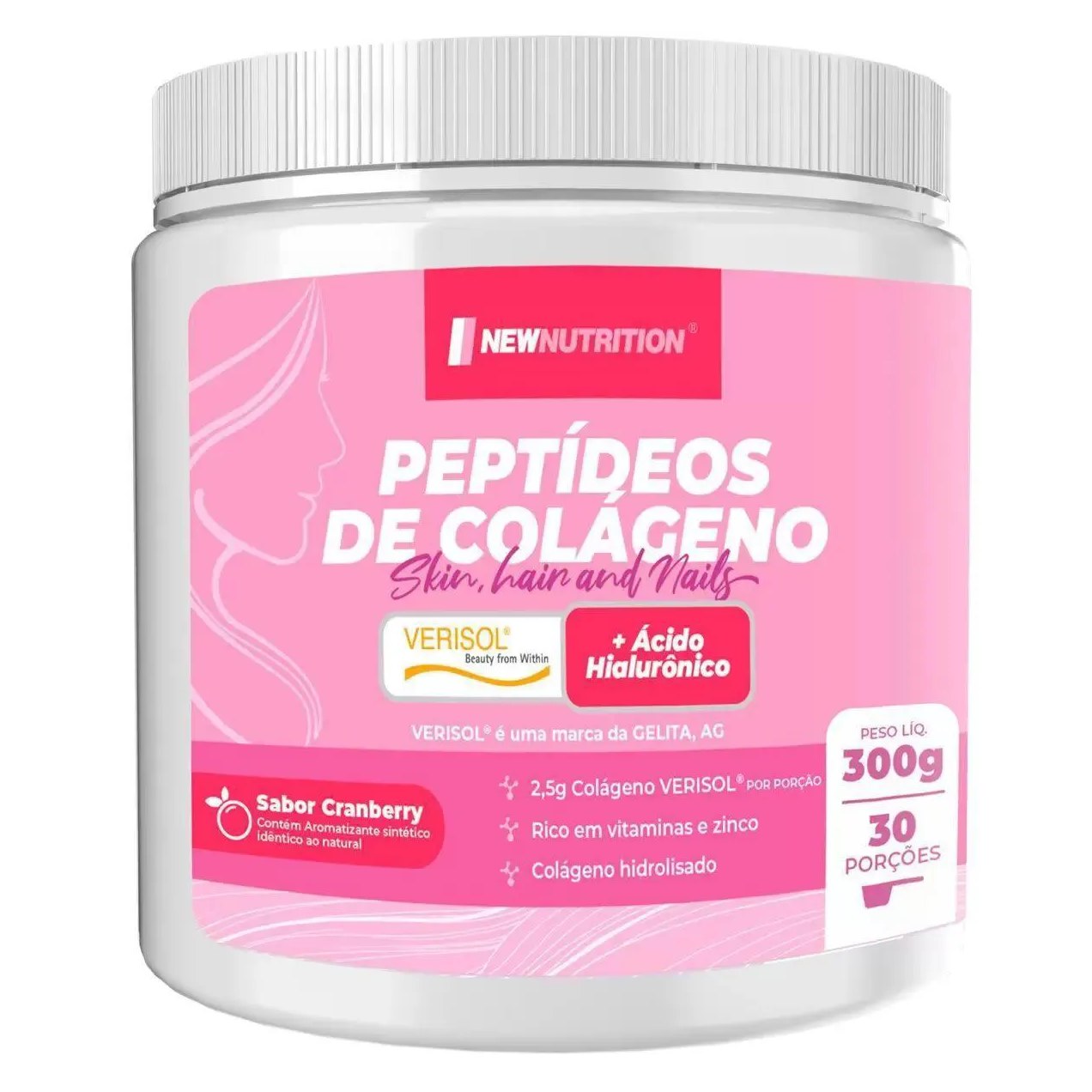 Peptídeos de Colágeno Verisol com Ácido Hialurônico - 300G Cranberry - Newnutrition