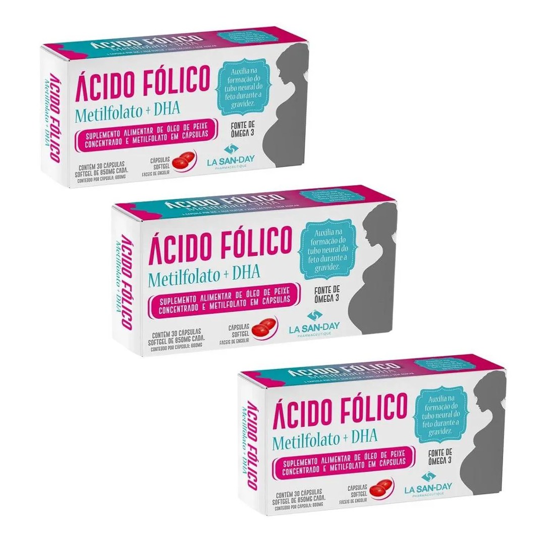 Kit 3 Unidades Ácido Fólico Metilfolato + Dha 30 Comprimidos La San Day Cada