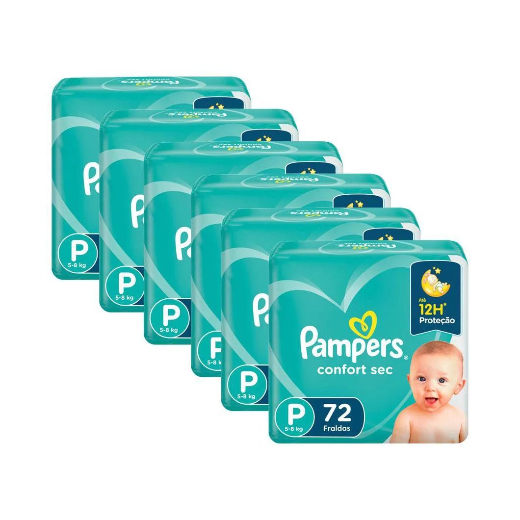 Kit 6 Fraldas Pampers Confort Sec Super Tamanho P 72 Unidades
