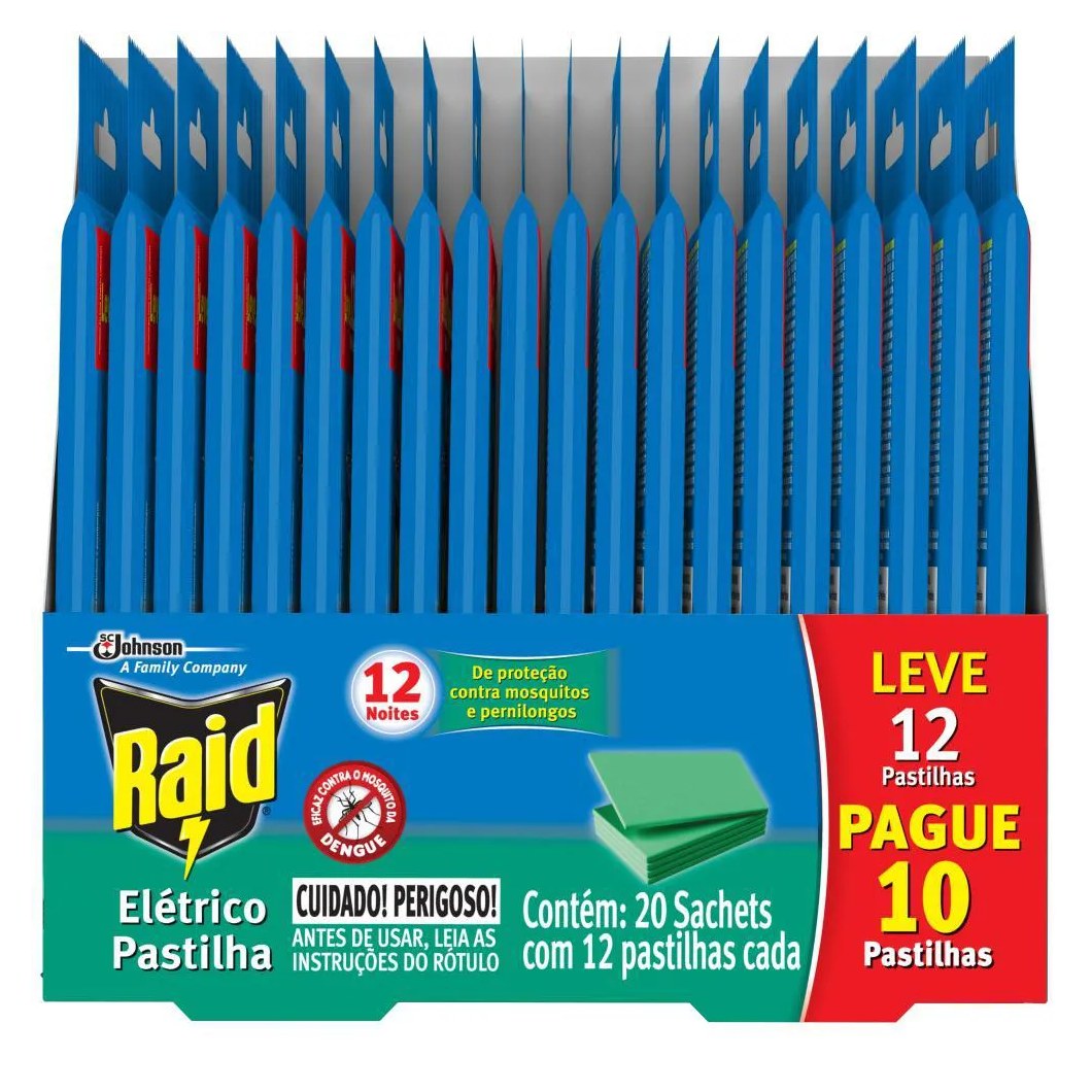 Repelente Elétrico Raid Pastilha 12 Noites Óleo de Eucalipto Leve 12 Pague 10 unidades Refil