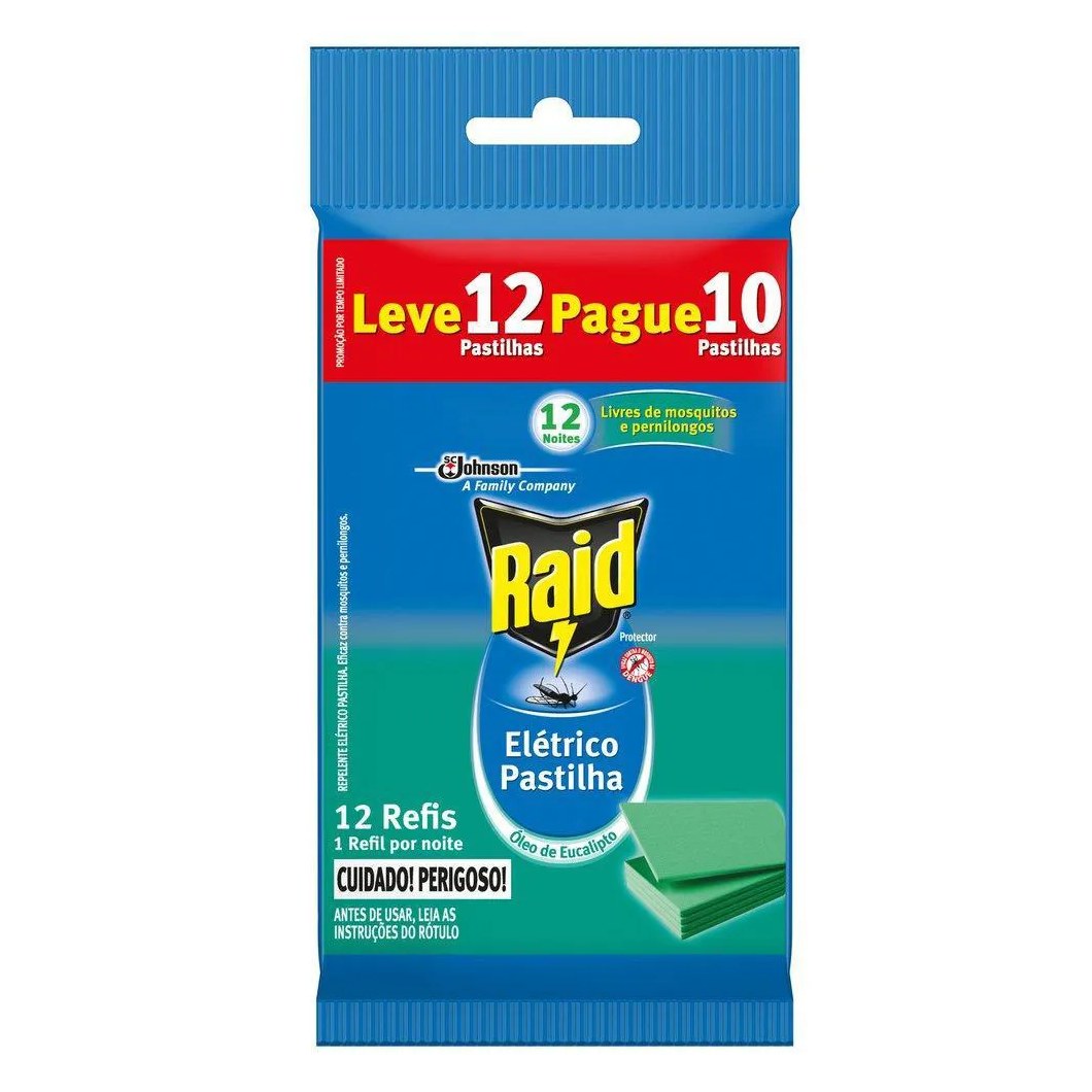 Repelente Elétrico Raid Pastilha 12 Noites Óleo de Eucalipto Leve 12 Pague 10 unidades Refil