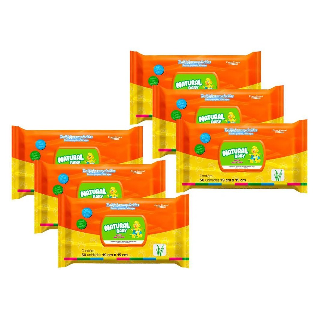 Kit Lenço Umedecido Natural Baby Mãe e Filho 50 unidades 6 Pacotes