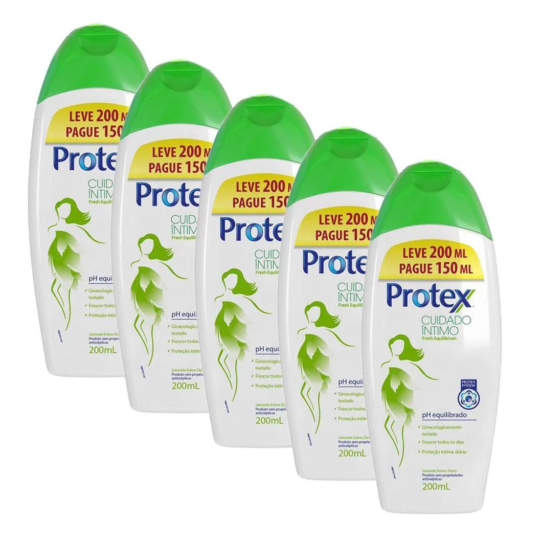 Kit 5 Sabonetes Líquido Íntimo Protex Fresh Equilibrium Leve 200ml Pague 150ml