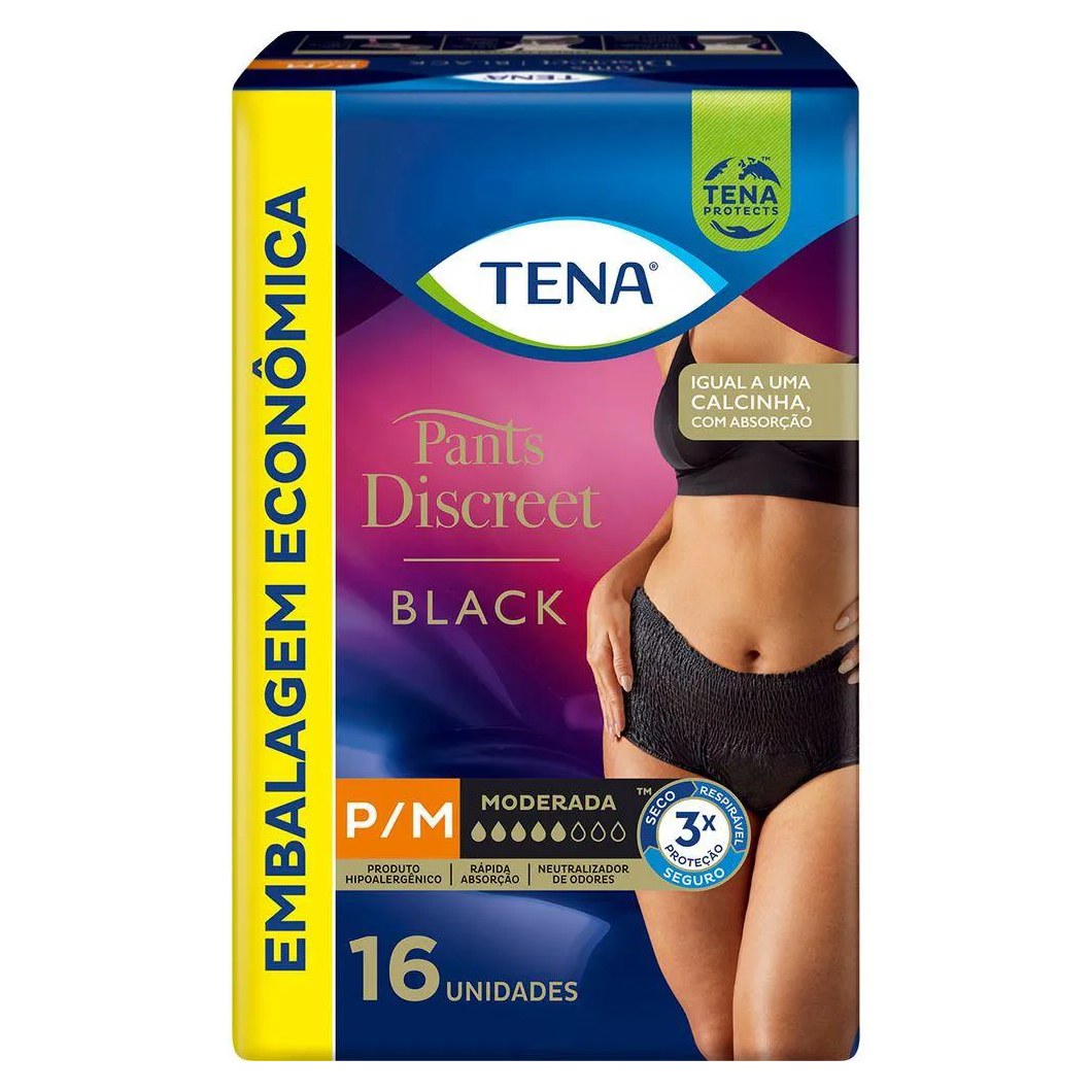 Calcinha Descartável Tena Pants Discreet Preta P/M 16 Unidades