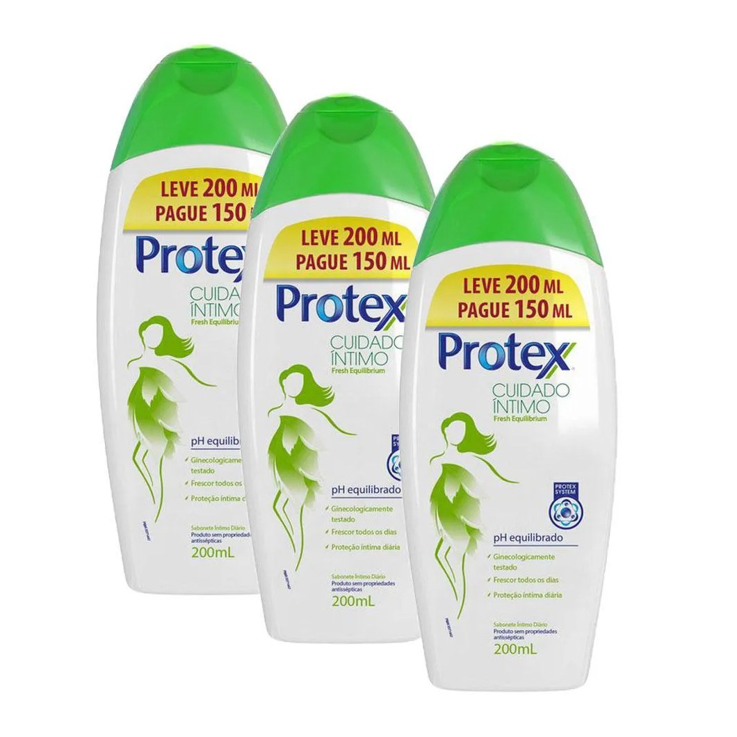 Kit 3 Sabonetes Líquido Íntimo Protex Fresh Equilibrium Leve 200ml Pague 150ml