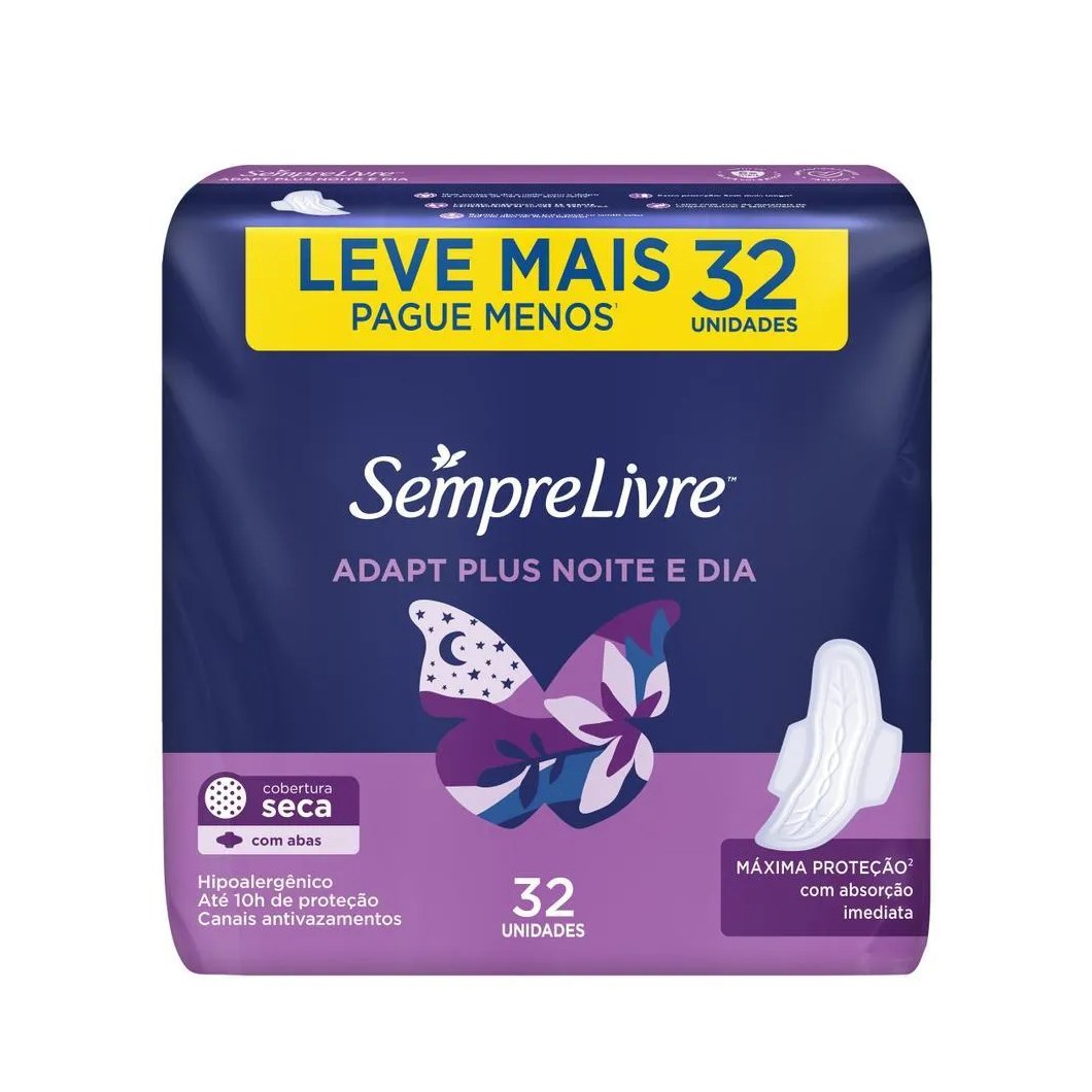 Absorvente Externo Sempre Livre Adapt Plus Noite e Dia Seca com Abas 32 unidades