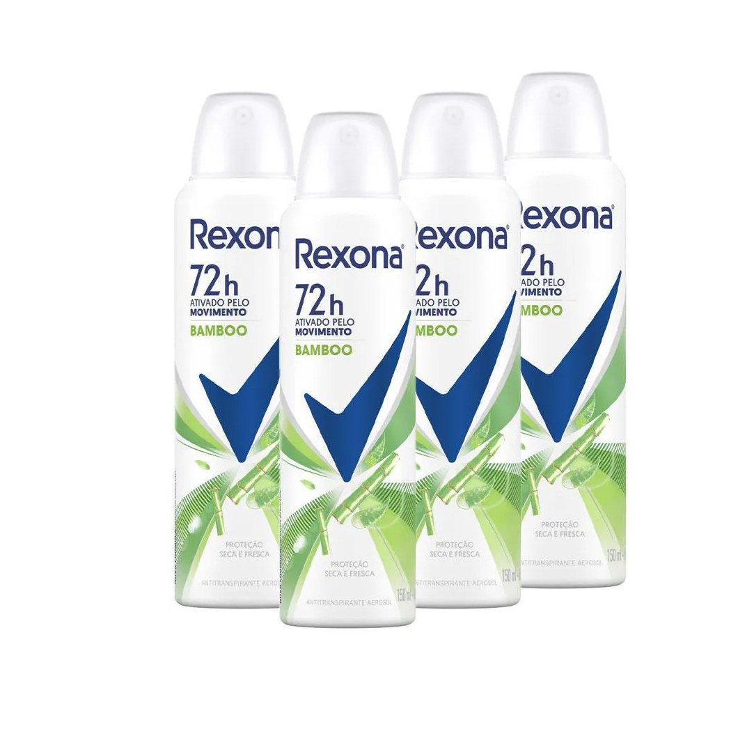 KIT 4 DESODORANTES REXONA MOTIONSENSE ANTITRANSPIRANTE AEROSSOL STAY FRESH BAMBOO + ALOE VERA 150ML