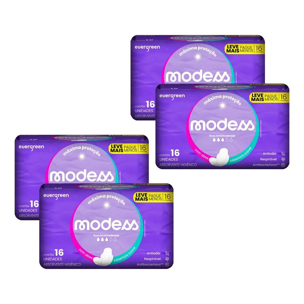 Kit 4 Absorventes Modess Malha Suave com Abas 16un Cada