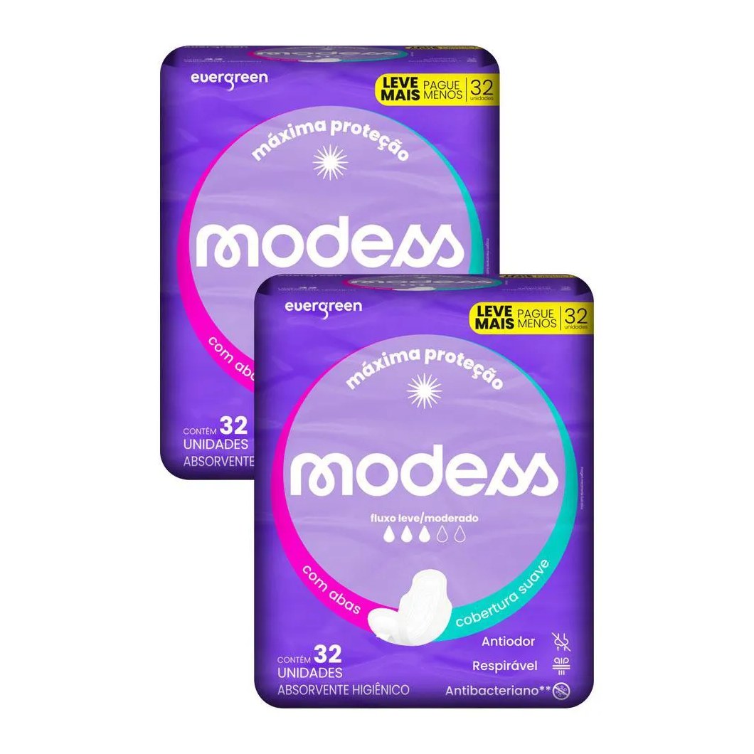 Kit 2 Absorventes Modess Malha Suave com Abas 32un Cada