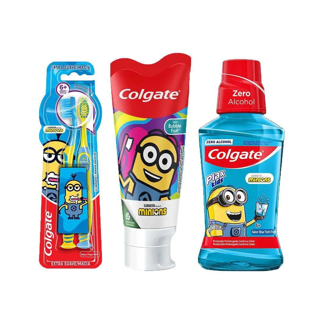 Kit Infantil Colgate Minions Gel Dental Smiles Bubble Fruit 100g + Enxaguante Bucal Tutti Frutti 250ml + Escova de Dente 2 unidades