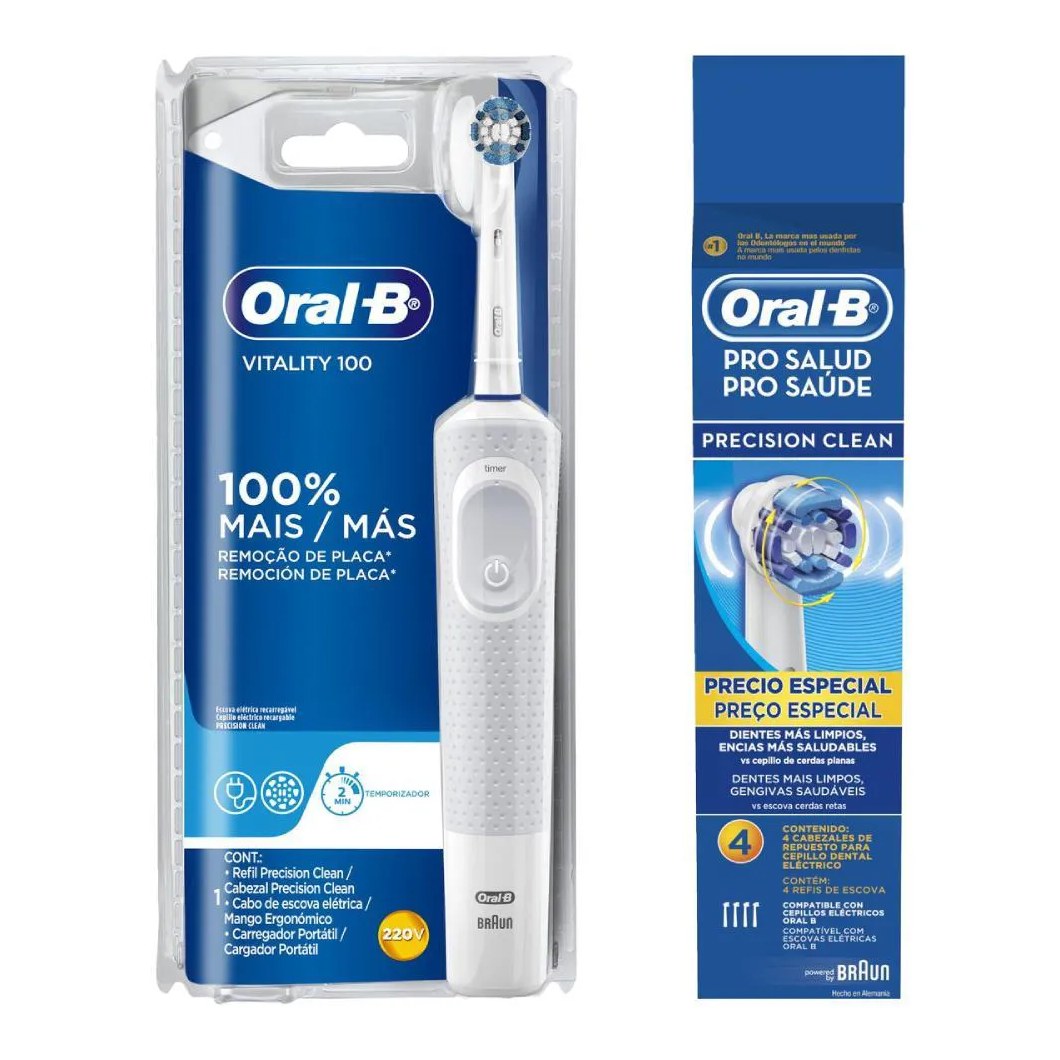 Escova Elétrica Oral-B Vitality D12 220v + Refil Oral-B Precision Clean com 4 unidades