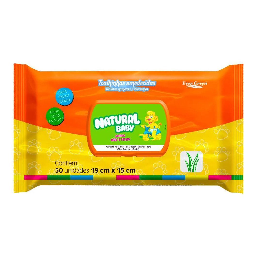 Lenço Umedecido Ever Green Natural Baby Aloe Vera Sem Álcool Suave como Algodão 50 unidades