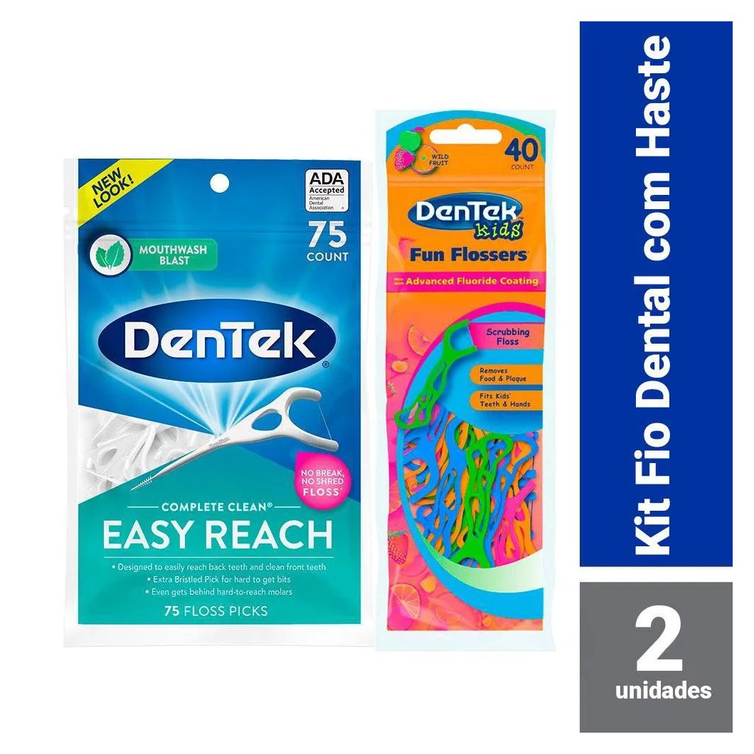 Kit DenTek Fio Dental Floss Picks Clean Easy Reach c/ 75 un + Fio Dental Kids Fun Flossers c/ 40 un