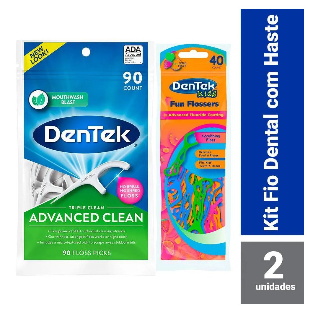 Kit DenTek Fio Dental Floss Picks Triple Clean Adv c/ 90 un + Fio Dental Kids Fun Flossers c/ 40 un