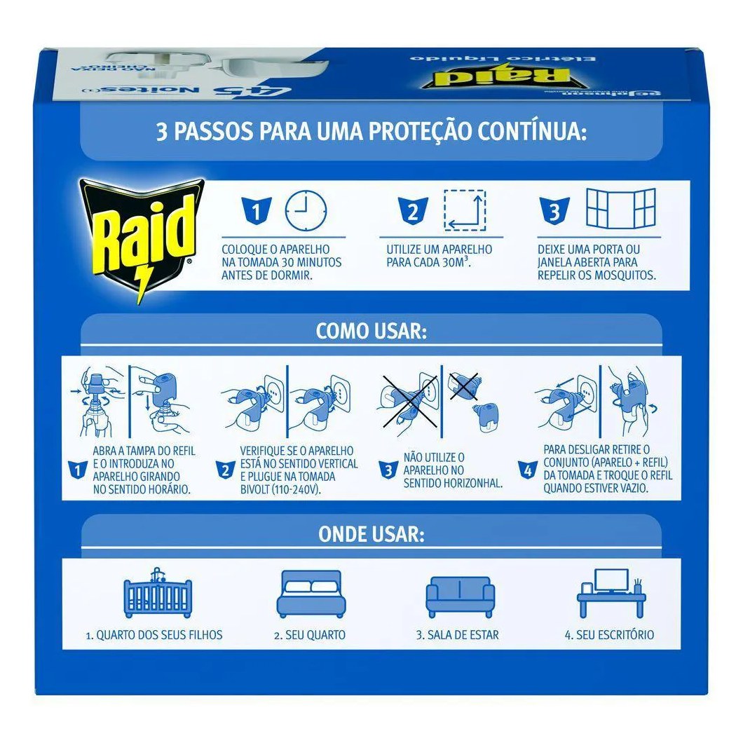 Repelente Elétrico Líquido Raid Anti Mosquitos 1 Aparelho + 1 Refil de 32,9 ml