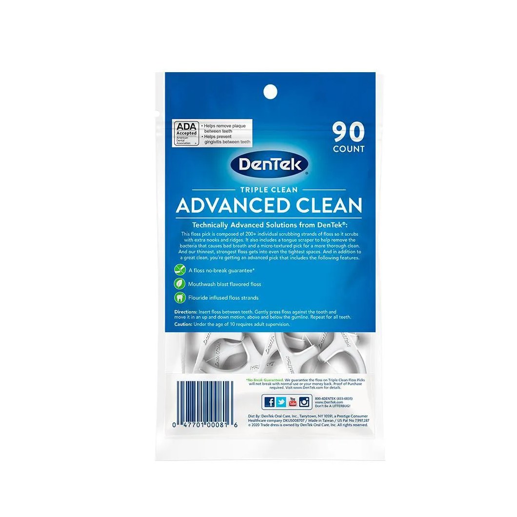 Fio Dental com Haste DenTek Floss Picks Triple Clean Advanced 90un