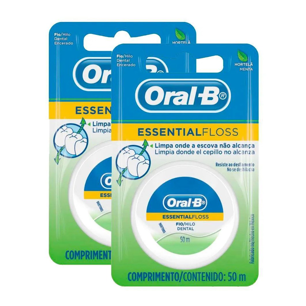 Kit 2 Fio Dental Oral-b Essential Floss Encerado Menta 50m