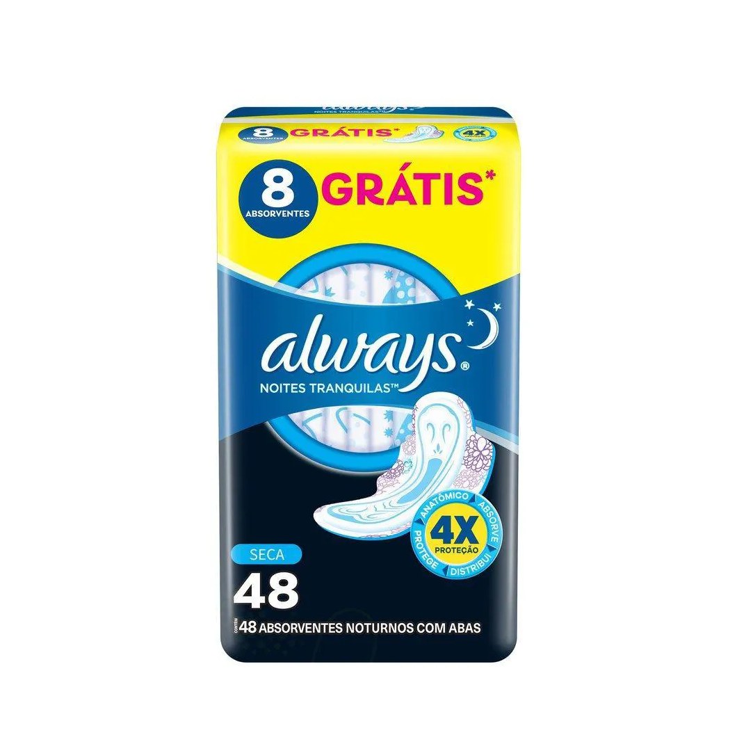 Absorvente Noturno Always Noites Tranquilas Cobertura Seca com Abas Leve 48 Pague 40