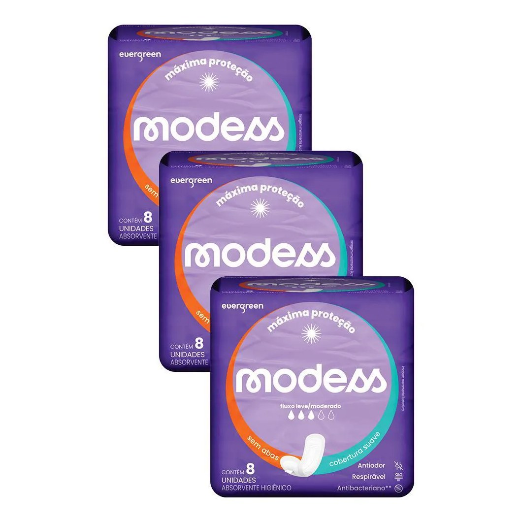 Kit 3 Absorventes Modess Malha Suave sem Abas 8un Cada