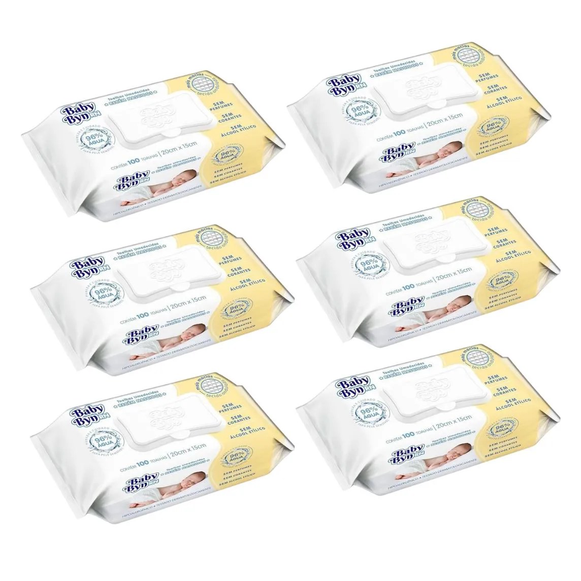 Kit Lenço Umedecido Hygieline Baby Byn Rn 100 unidades 6 Pacotes
