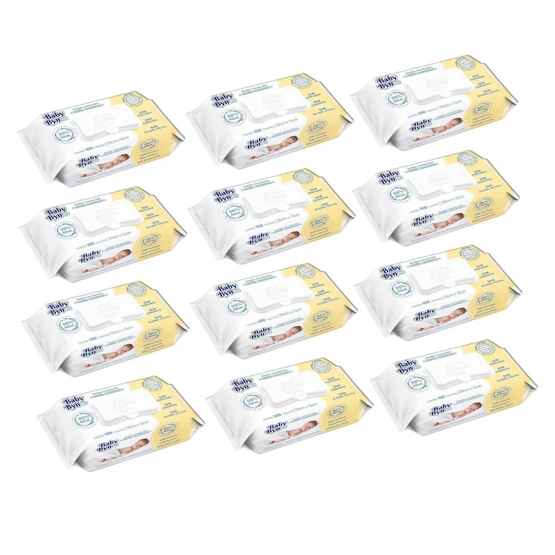 Kit Lenço Umedecido Hygieline Baby Byn Rn 100 unidades 12 Pacotes