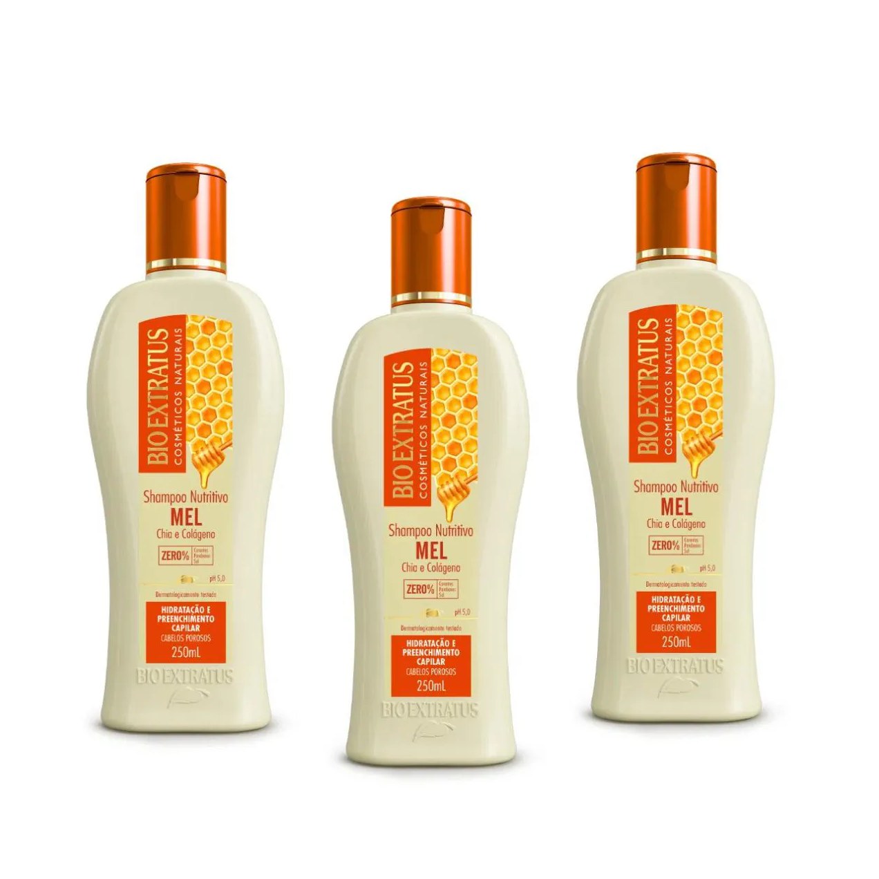 Kit com 3 Shampoo Mel Cabelos Porosos 250ml – Bio Extratus