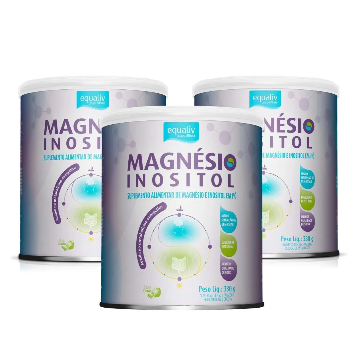 Kit 3 Suplemento Magnésio Inositol 100% Natural Halal Equaliv Limão