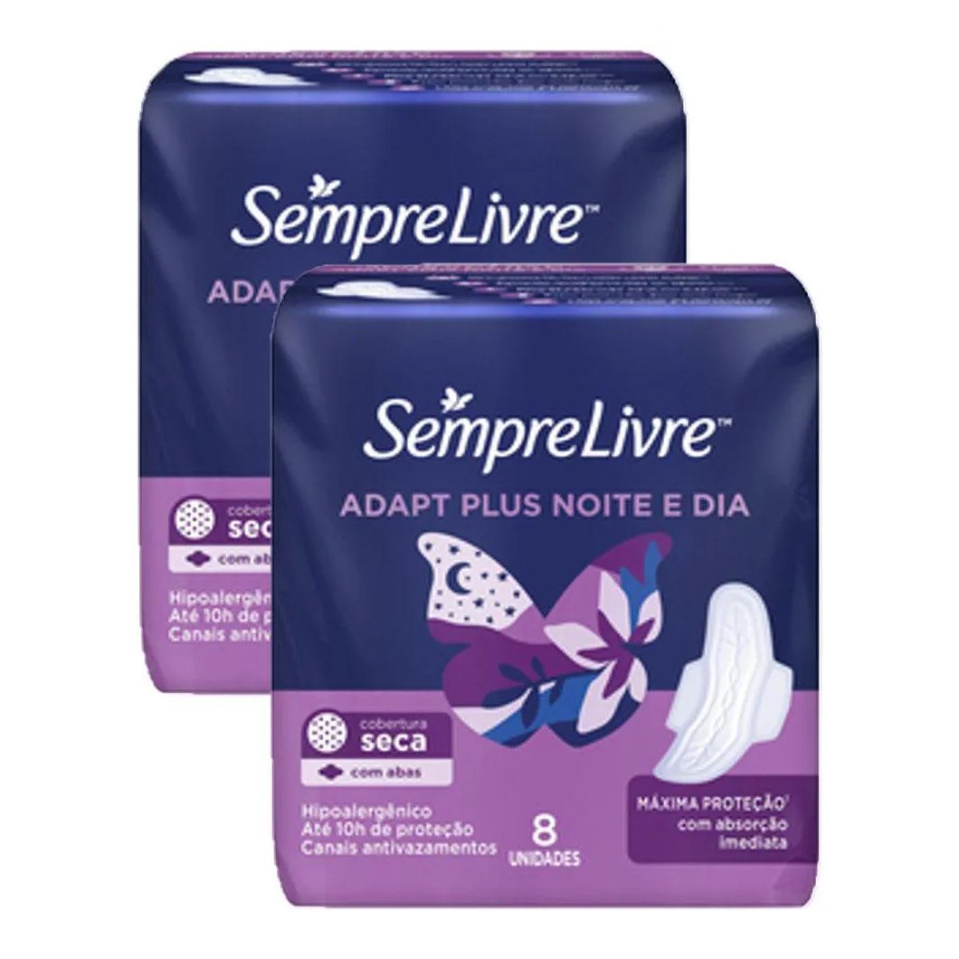 Kit 2 Absorventes Sempre Livre Adapt Plus Noite e Dia Seca com Abas 8 unidades